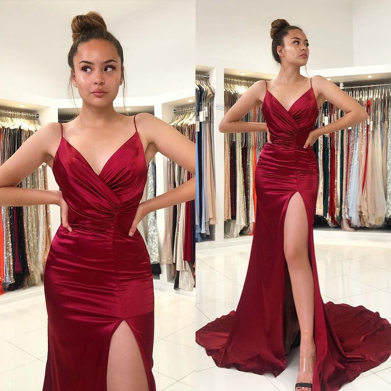 Burgundy Prom Dress Spaghetti-Strap With Slit PD011