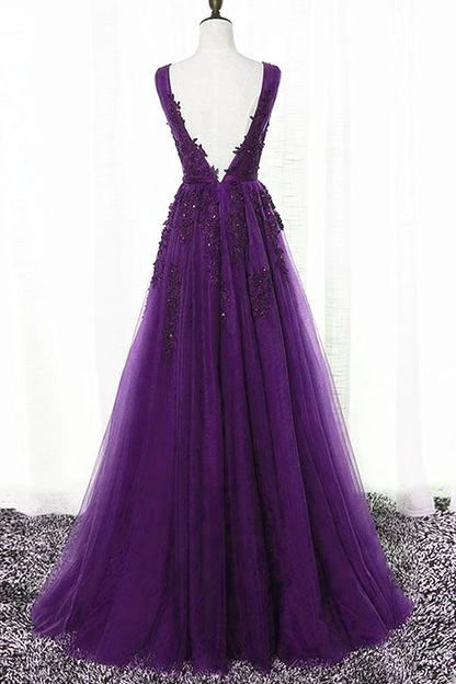 Beautiful Purple Tulle A-Line Party Dress, Long Bridesmaid Dress gh305