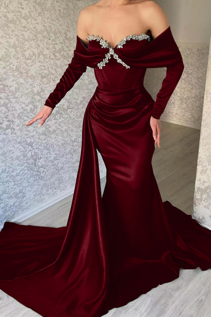 Elegant Sweetheart Portrait Long Sleeves Mermaid Prom Dress With Rhinstone Ruffles ED0396