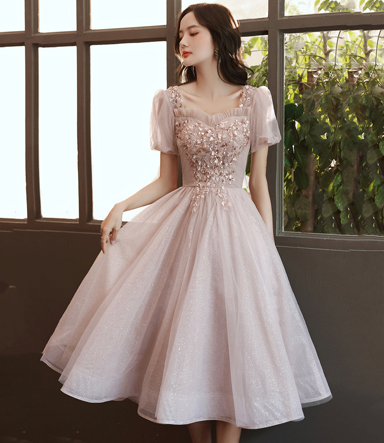 Champagne tulle sequins short prom dress homecoming dress  8988