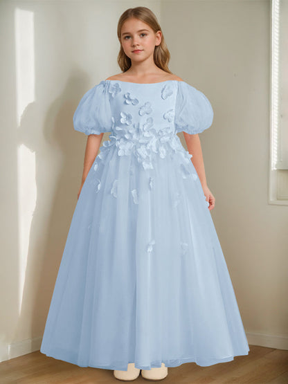 A-Line/Princess Off-the-Shoulder Ankle-Length Flower Girl Dress with Beads & 3D Flowers