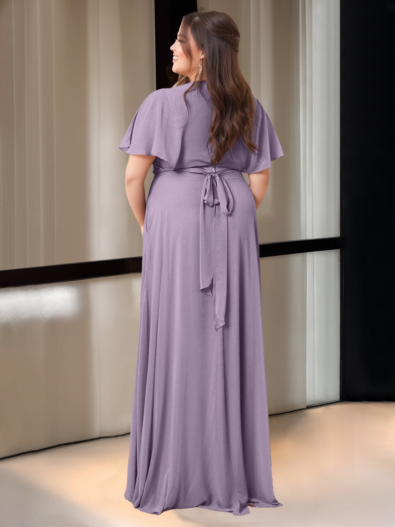 A Line/Princess V-Neck Short Sleeves Floor-Length Bridesmaid Dresses with Pocket