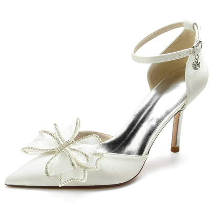 Women's Wedding Shoes Silk Satin Bow Stiletto Pointed Toe Buckle Bridal Shoes