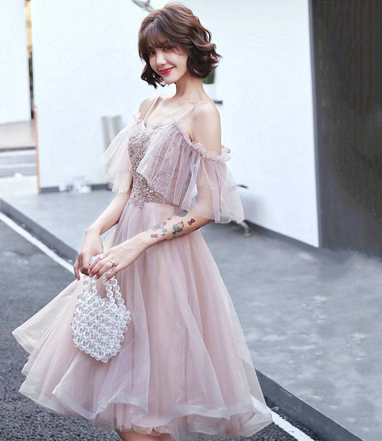 Pink tulle lace short prom dress homecoming dress  8851