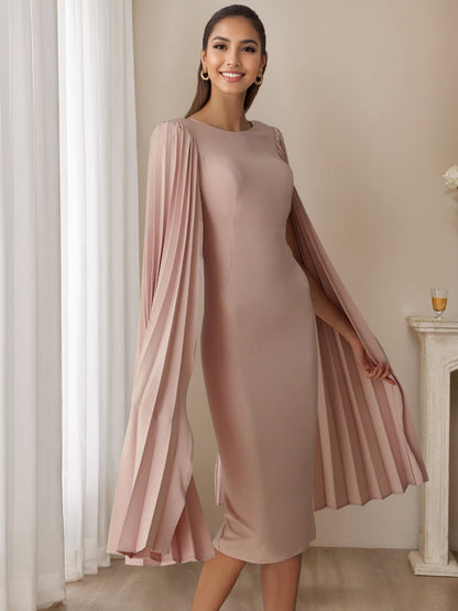 Sheath/Column Scoop Pleated Long Sleeves Tea Length Mother of the Bride & Groom Dresses