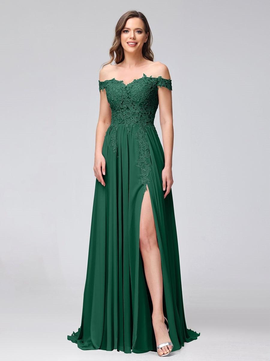 A-Line/Princess Off-the-Shoulder Sleeveless Long Bridesmaid Dresses with Side Slit & Appliqued