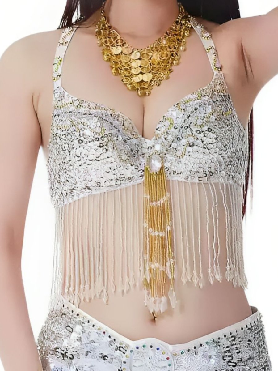 Sexy Belly Dancewear Halter Sequins Tassel Sleeveless Bra with Rhinestone & Beading