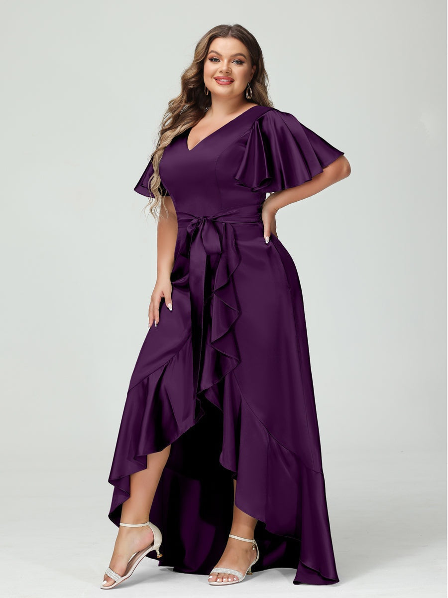 Sheath/Column V-Neck Short Sleeves Ruffles Asymmetrical Plus Size Dresses with Pockets & Sash