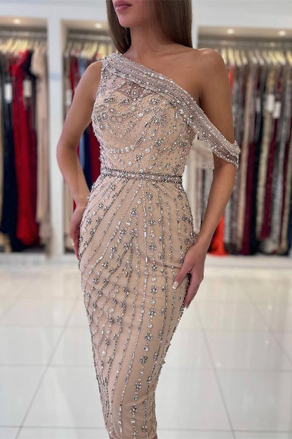 Luxurious One Shoulder Sheath Short Prom Dress Knee-Length With Crystals ED0077