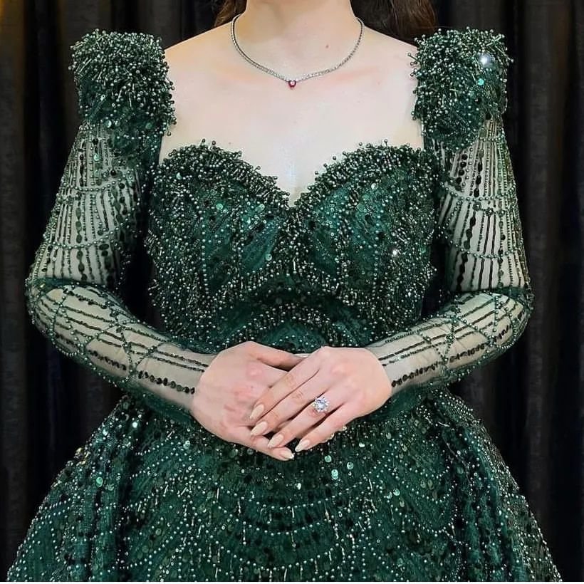 Elegant Green Applique Prom Dress Long Sleeve Mermaid Dress XM0300