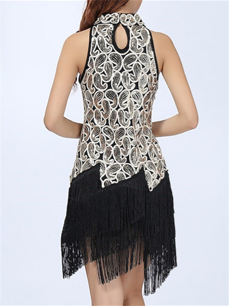 Latin Dance Dress Fringed  Paillette Tassel Splicing Women‘s Training Performance High Sleeveless