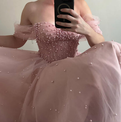 Pink Pearls Beaded Off-The-Shoulder Mesh Sweetheart Prom Dress ZT0328