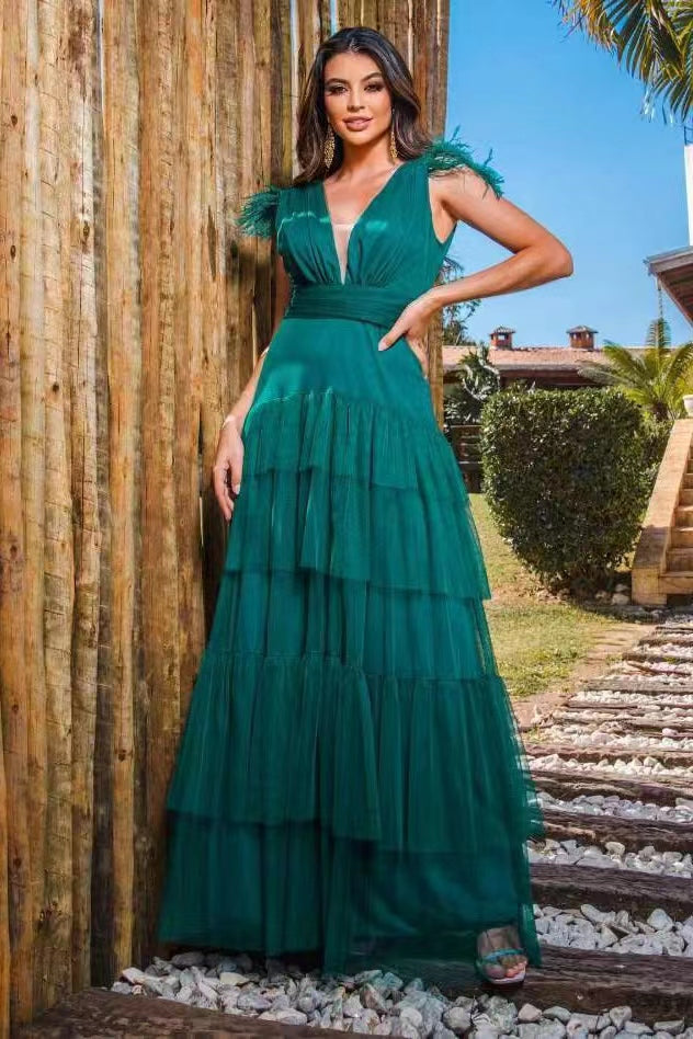 Peacock Straps Deep V-Neck Tulle Prom Dress With Feathers Layered ED0387