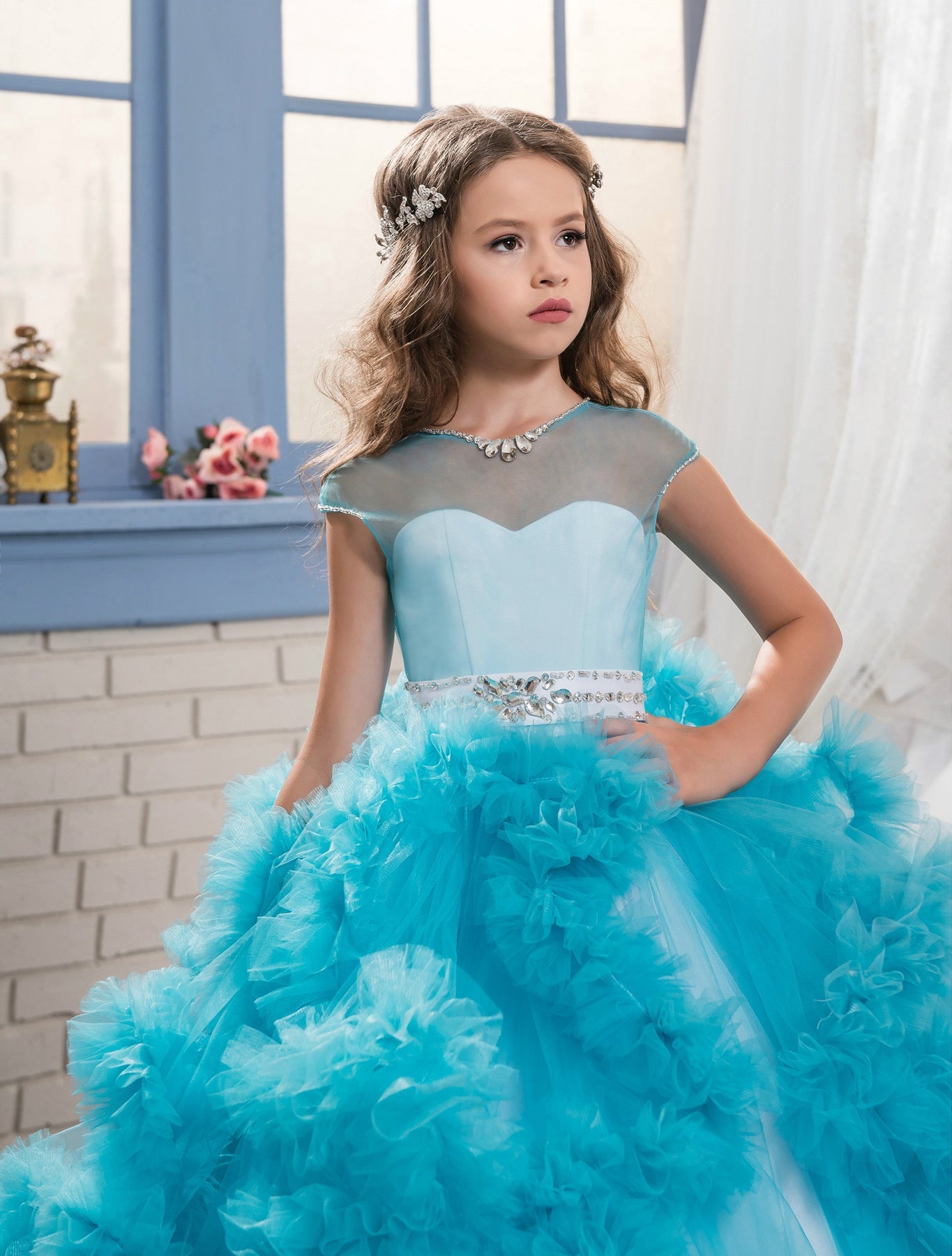 Layered Ruffle Ball Gown Flower Girl Dresses with Rhinestone