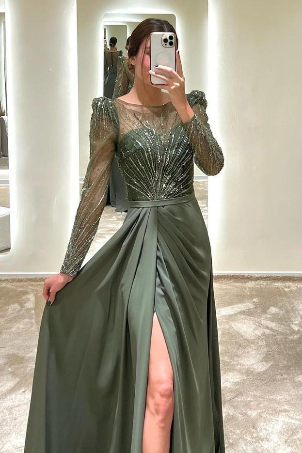 edgynewlook Beautiful Dark Green Satin Jewel Neck Long Sleeves Long Split Prom Dress with Split