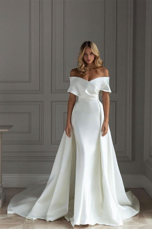 White Off-The-Shoulder Mermaid Prom Dress With Ruffles JT0001