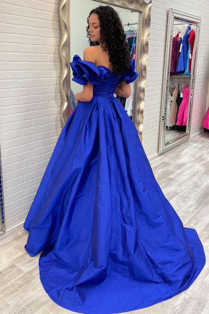 A-Line Yellow Off-the-Shoulder Ruffled Sleeve Prom Dresses