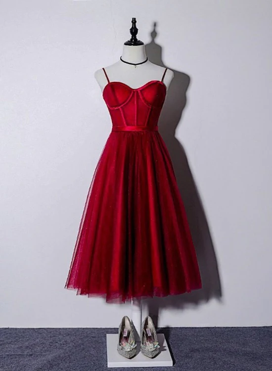 Beautiful Dark Red Tea Length Straps Wedding Party Dress, Homecoming Dress gh296