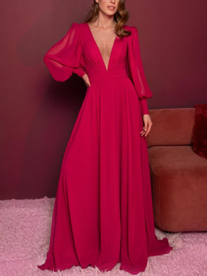 A-Line/Princess V-Neck Long Sleeves Floor-Length Evening Dress with Ruffles