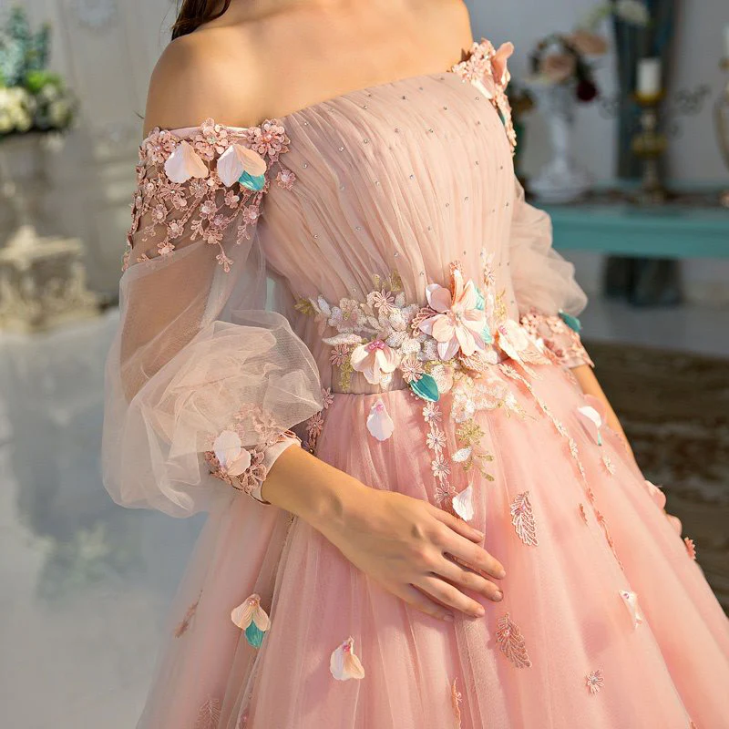 Long Sleeve Prom Dresses Pearl Pink Ball Gown Long Floral Fairy Prom Dress  gh2279