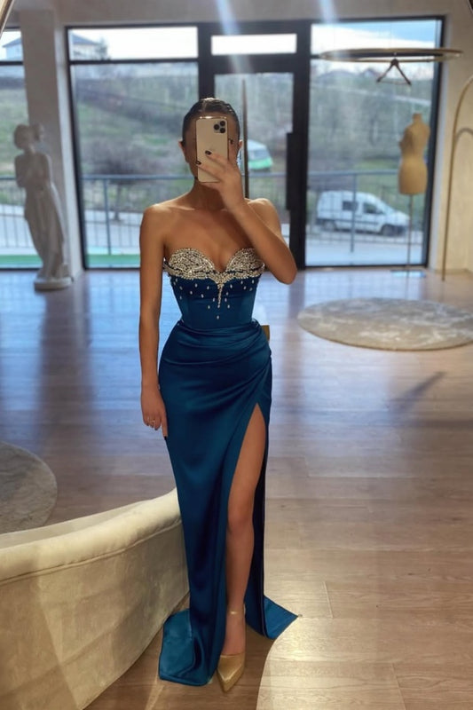 Blue Sweetheart Split Beaded Sheath Strapless Prom Dress ZT0535