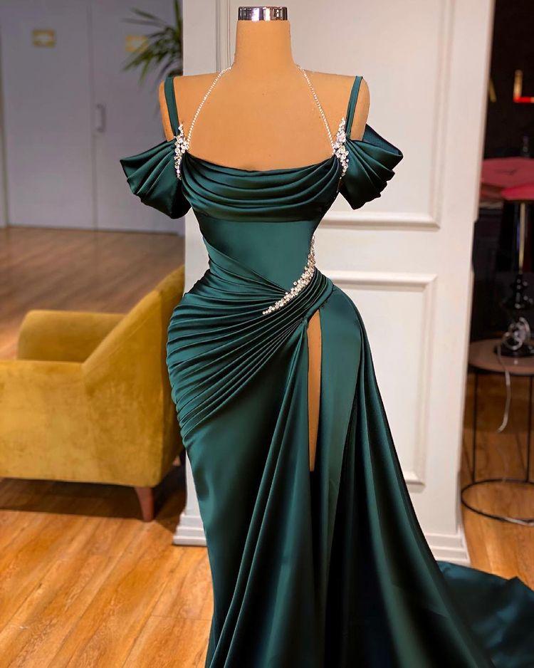 Dark Green Off-the-Shoulder Prom Dress Long Slit Pleated PD021