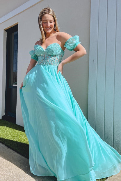 Rachel |A line Sweetheart Chiffon Prom Dress with Puff Sleeves