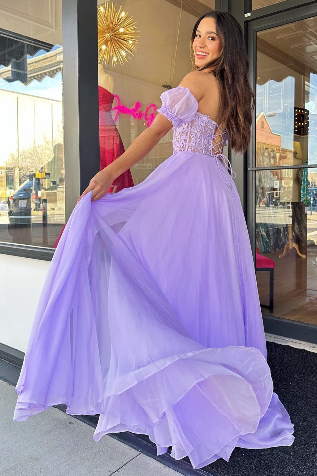 Rachel |A line Sweetheart Chiffon Prom Dress with Puff Sleeves