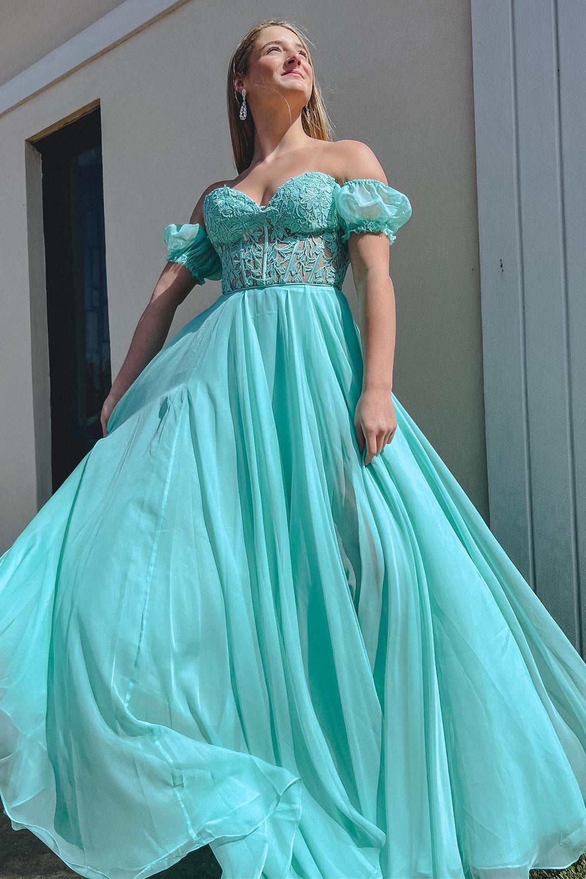 Rachel |A line Sweetheart Chiffon Prom Dress with Puff Sleeves