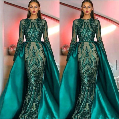 Emerald Green Long Sleeves Mermaid Sequins Prom Dress Long With Detachable Skirt  PD0672