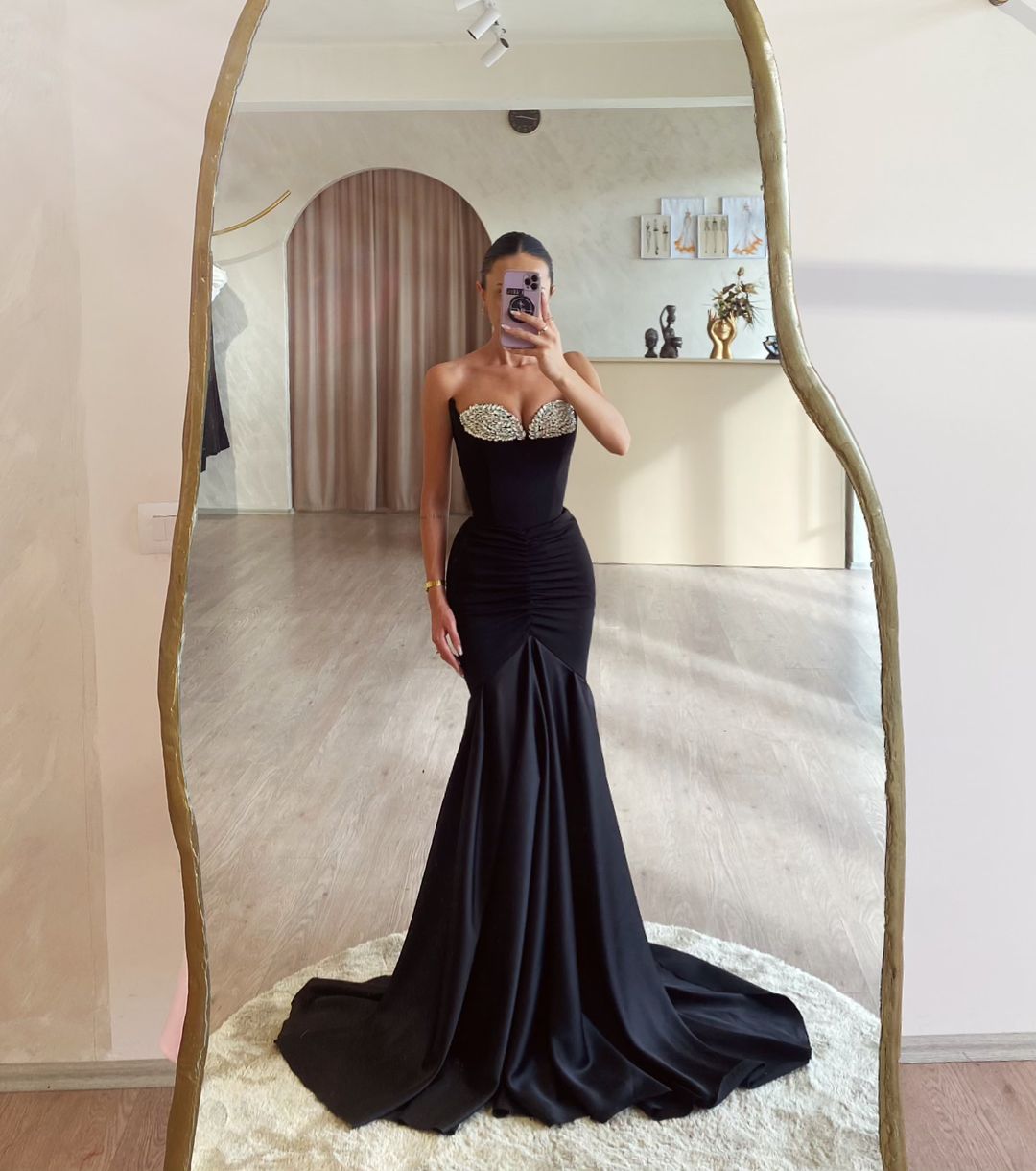 edgynewlook Stunning Black Satin Strapless Sleeveless Mermaid Prom Dress with Beadings