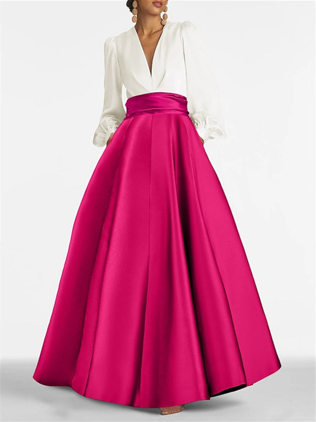 A-Line/Princess V-Neck Long Sleeves Floor-Length Evening Dresses