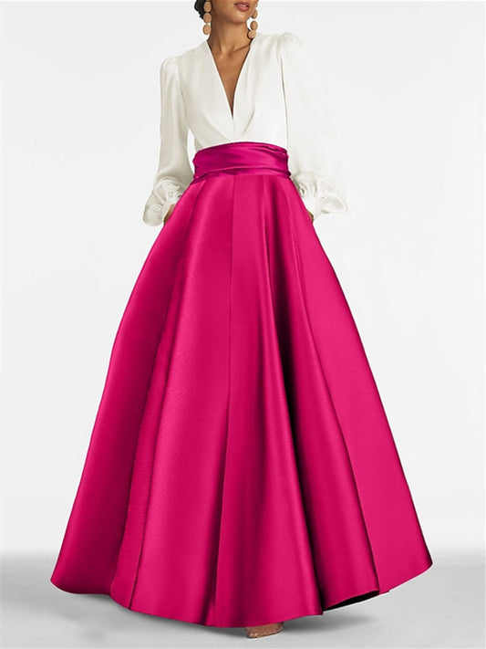 A-Line/Princess V-Neck Long Sleeves Floor-Length Evening Dresses