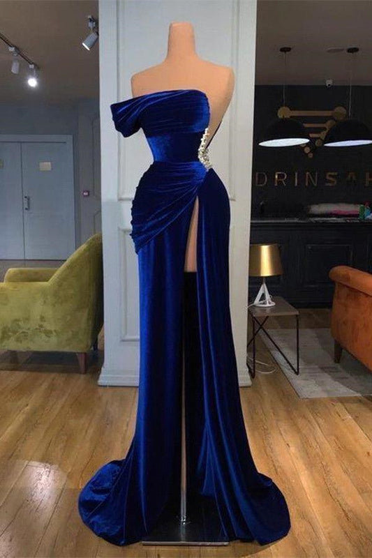 Dark Blue One Shoulder Mermaid Prom Dress Long Split With Beads PD0668