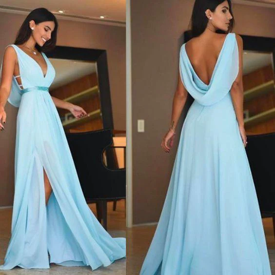 chiffon prom dresses deep v neck pleats draped a line side slit chiffon a line long evening dresses  gh1121