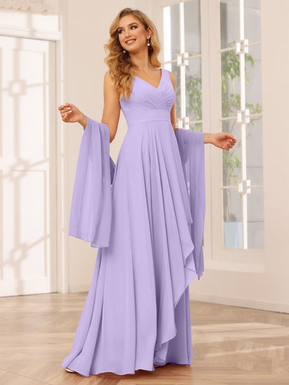 A-Line/Princess V-Neck Sleeveless Floor-Length Asymmetrical Bridesmaid Dresses with Ruffles