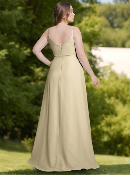 A-Line/Princess Spaghetti Straps Sleeveless Floor-Length Unique Plus Size Bridesmaid Dresses with Split Side