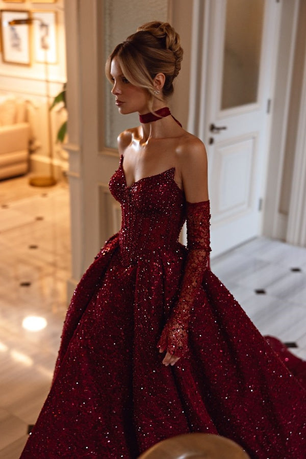 Luxurious Gorgeous Burgundy Split Beaded Prom Dress With Sleeves And Scarf ZT0207