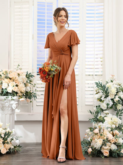 A-Line/Princess V-Neck Short Sleeves Floor-Length Bridesmaid Dresses with Split Side