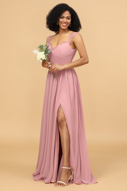 Blush Long Chiffon Bridesmaid Dress with Lace