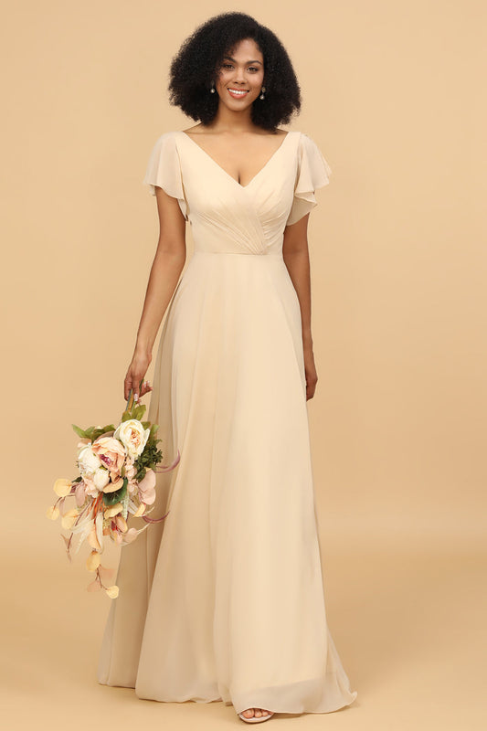 Champagne Cap Sleeves Long Chiffon Bridesmaid Dress