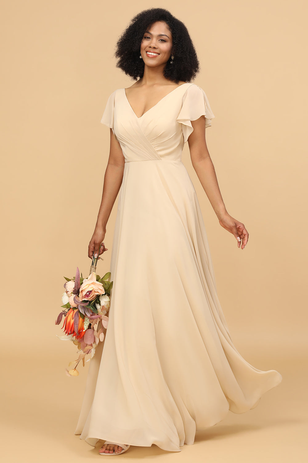 Champagne Cap Sleeves Long Chiffon Bridesmaid Dress