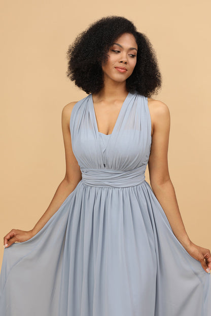 Grey Blue Convertible Long Chiffon Bridesmaid Dress