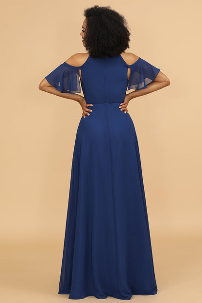 Cold Shoulder Navy Chiffon Bridesmaid Dress with Slit