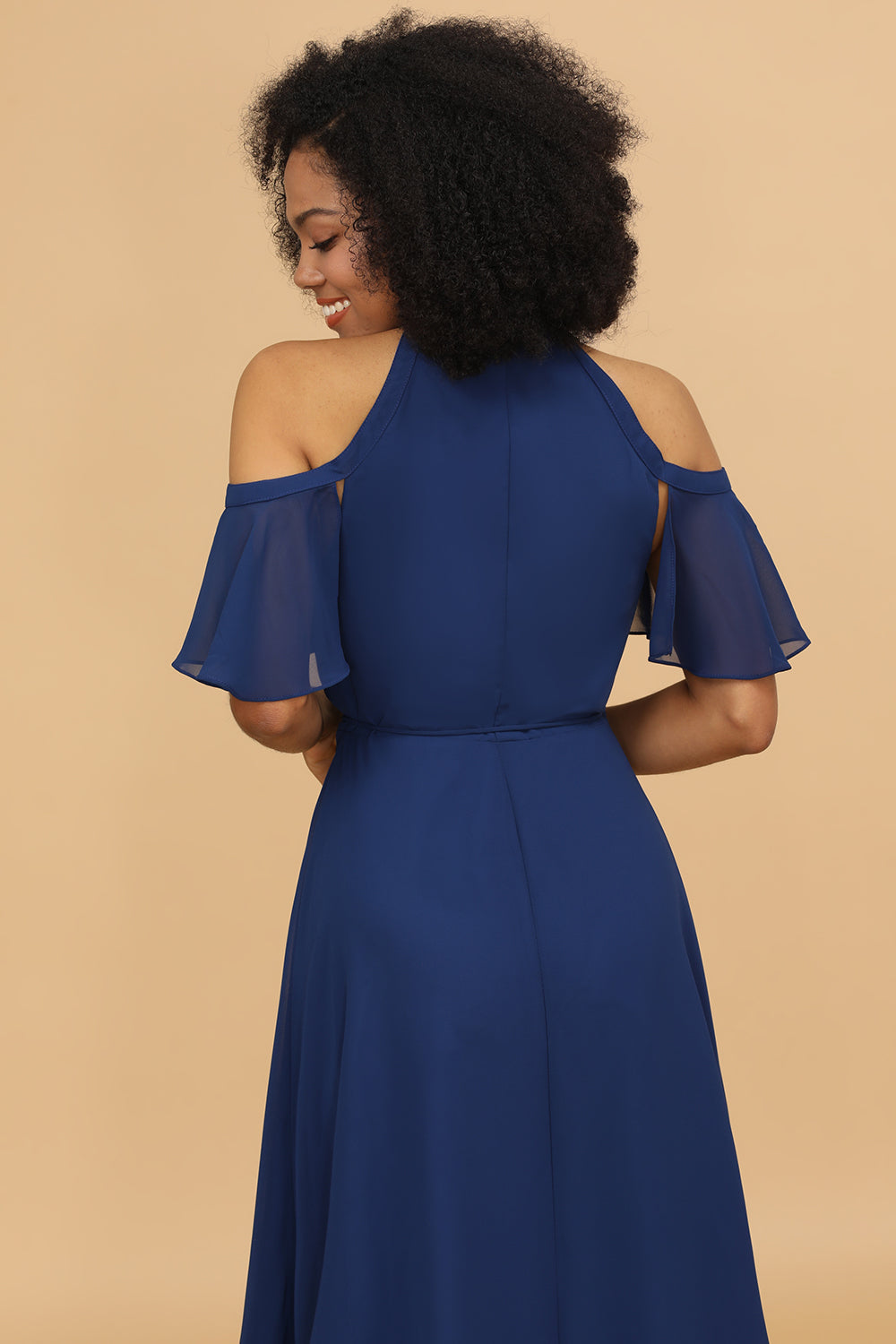 Cold Shoulder Navy Chiffon Bridesmaid Dress with Slit