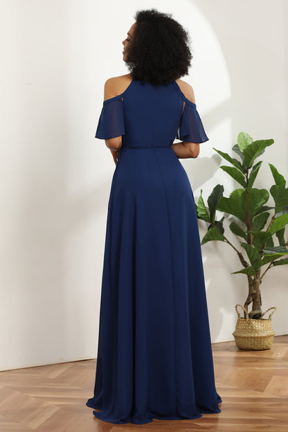 Cold Shoulder Navy Chiffon Bridesmaid Dress with Slit