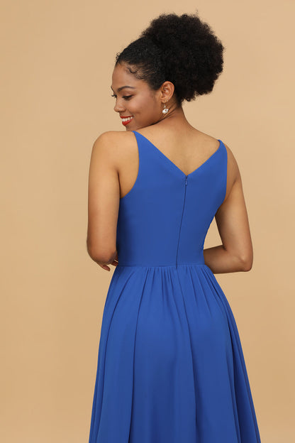 Royal Blue V-Neck Chiffon Bridesmaid Dress