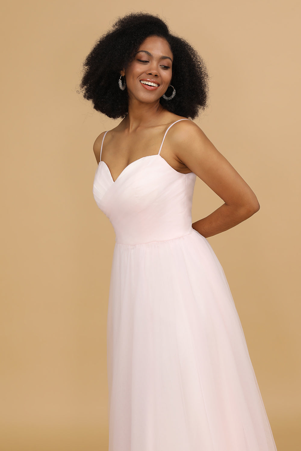 Pink Spaghetti Straps Tulle Bridesmaid Dress