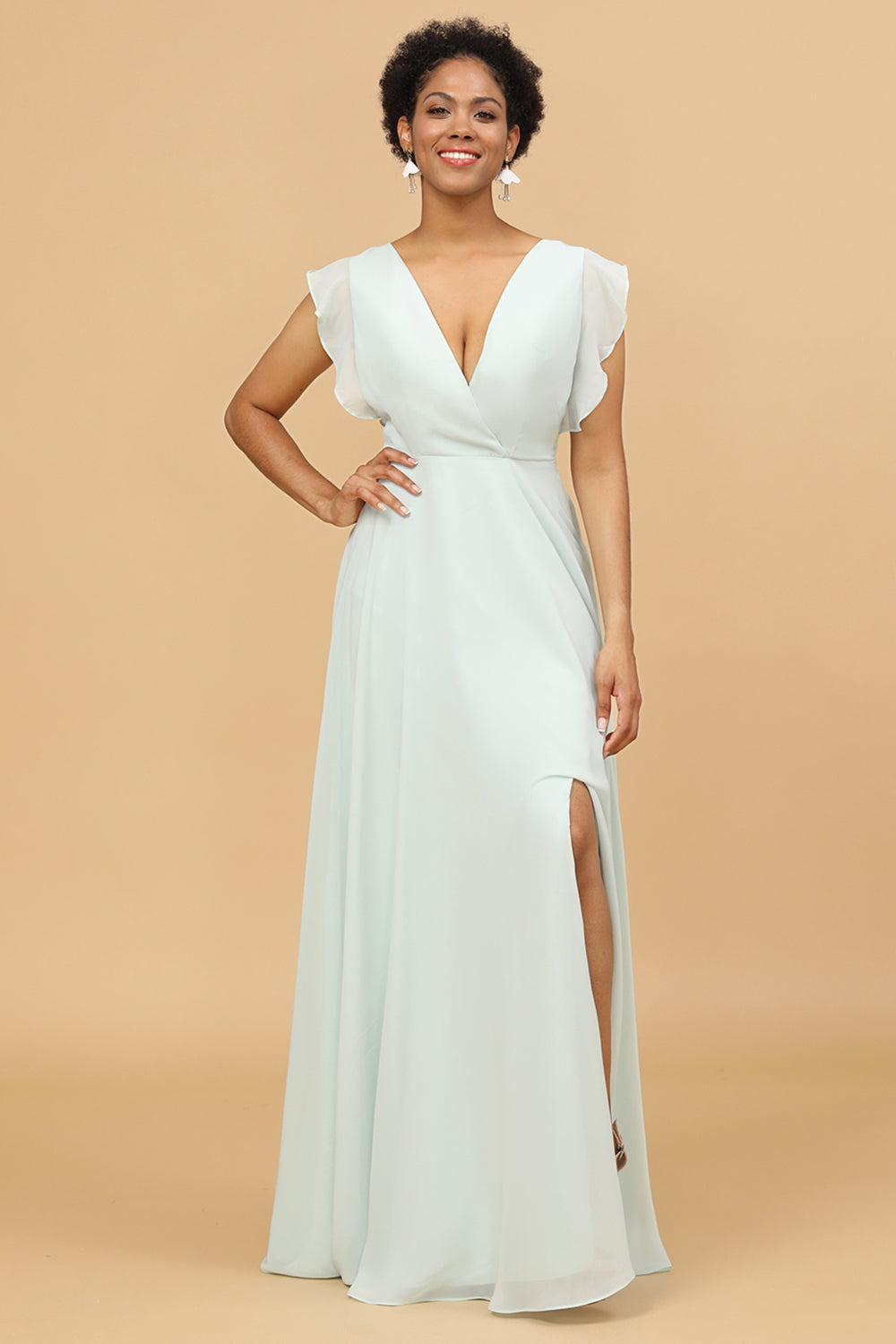 Mint Chiffon V-Neck Bridesmaid Dress