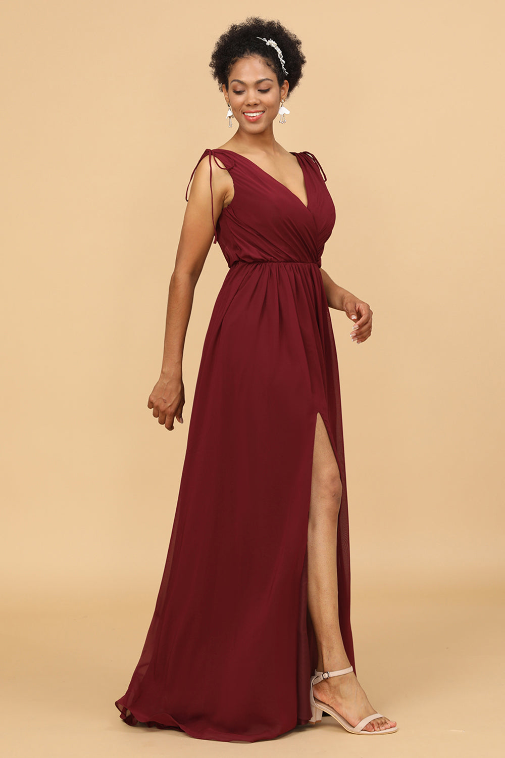 Burgundy V-Neck Lace Up Bridesmaid Dress With Slit